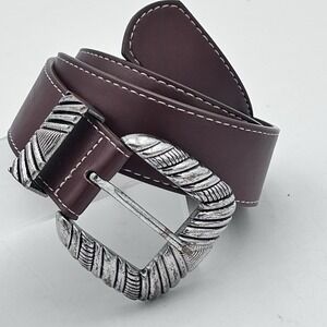 MNG Mango Brown Leather Belt Med Western Etched Silver Buckle 34" Cowgirl Style
